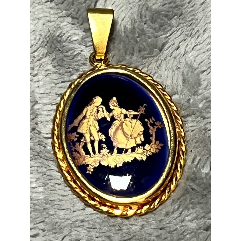 Vintage Limoges France Cobalt Blue Porcelain Cameo Pendant Romantic Gold
